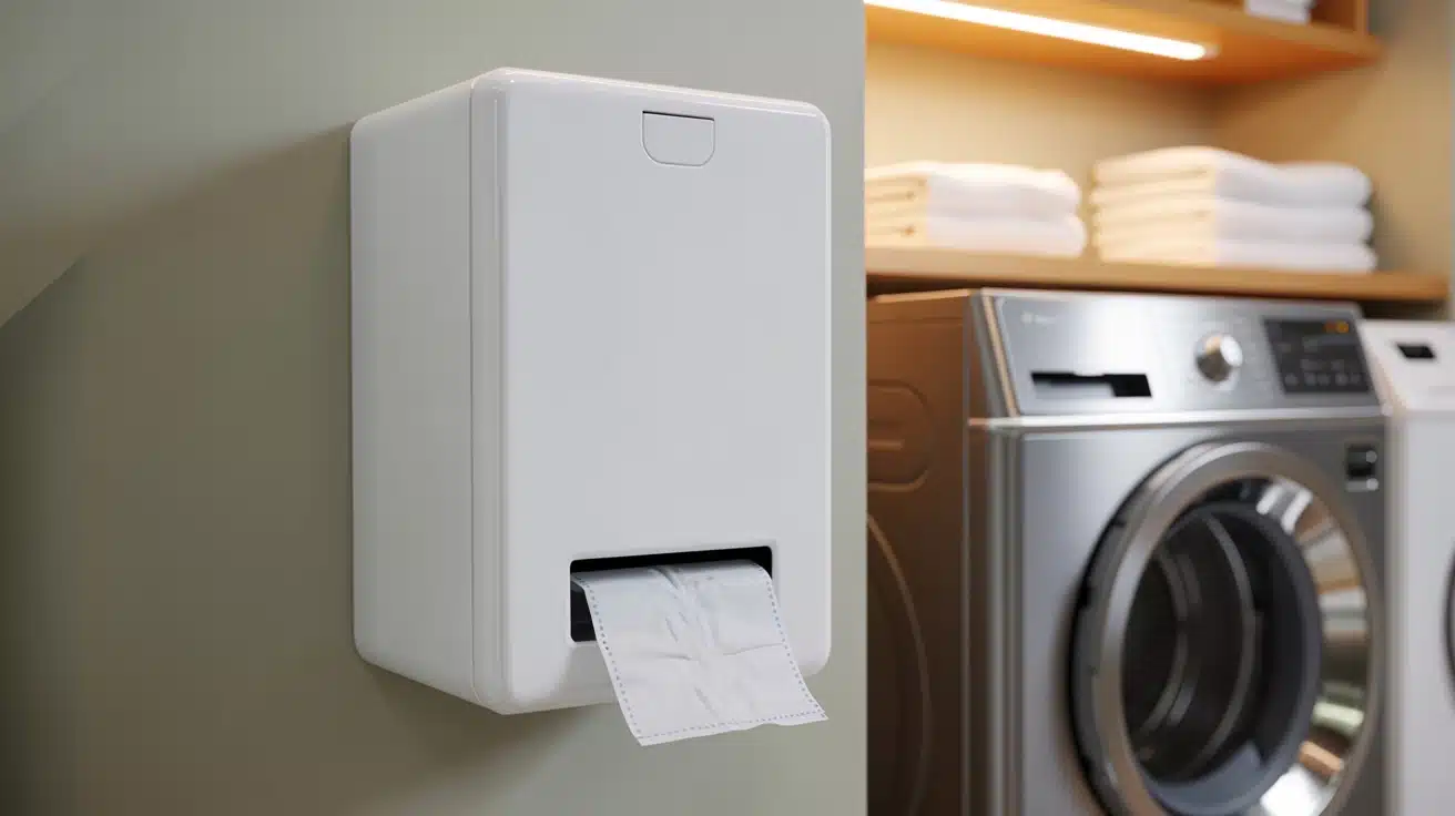 a wall-mounted dryer sheet dispenser, keeping sheets organized and easy to grab during laundry.