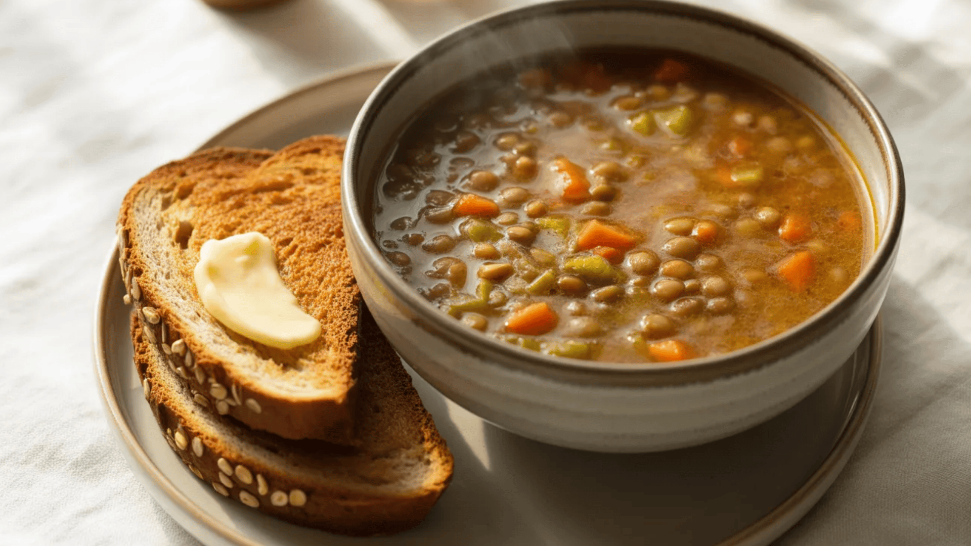 a warm bowl of lentil vegetable soup served with whole-grain toast and a small pat of butter on the side.