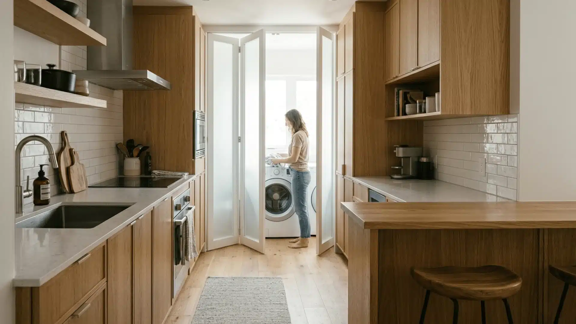 a woman in the kitchen working for the washing clothes on the other end on the kitchen