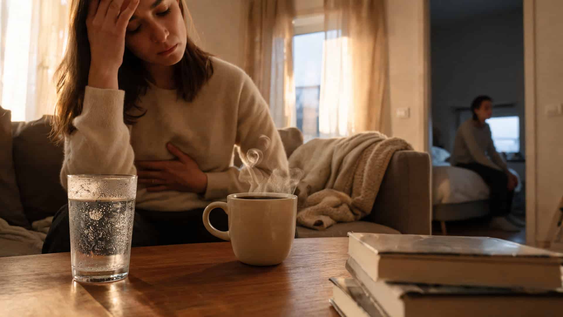 a woman sitting on a sofa holding her head and stomach in discomfort, with a coffee cup, water glass, and books on a warm-lit table beside her