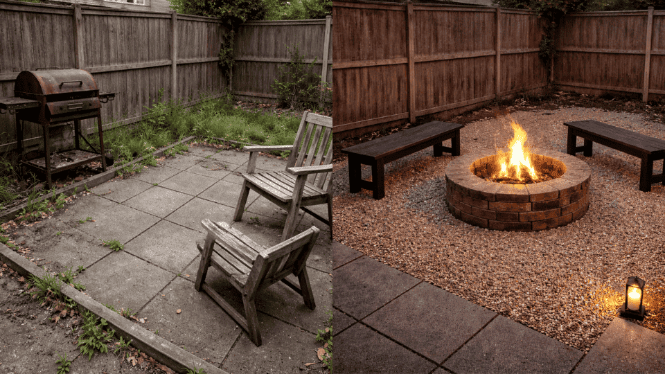 abandoned suburban patio with broken chairs and rusty bbq transformed into a warm brick fire pit seating area