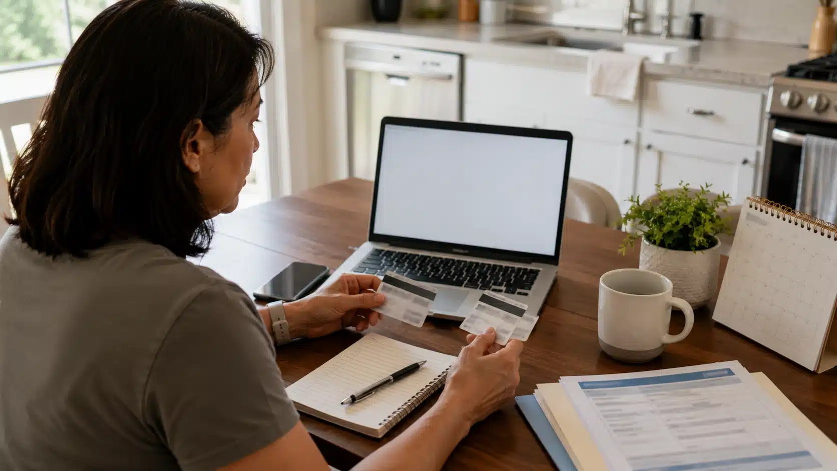 adult comparing insurance cards and member portal before scheduling an annual wellness visit