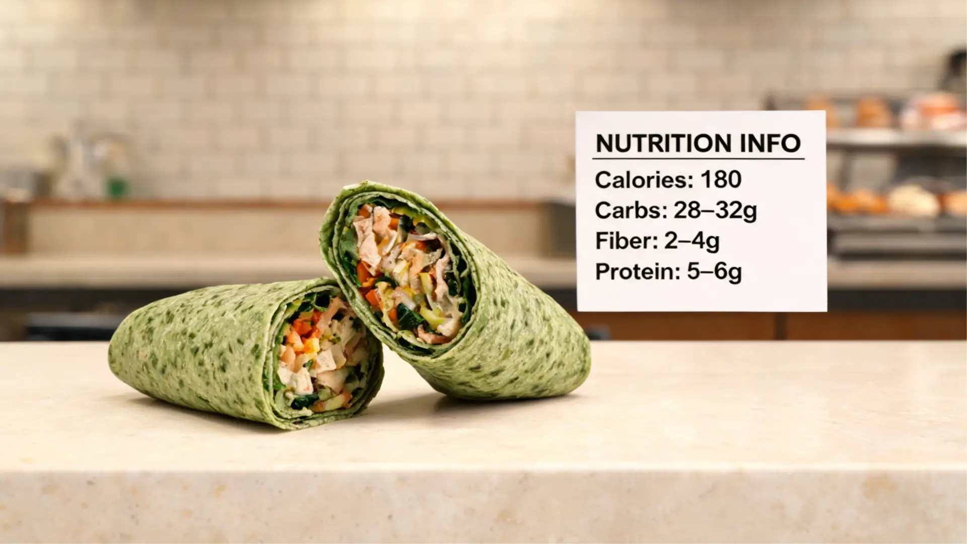 aladdin 10 inch spinach wrap cut in half with deli style presentation and nutrition facts showing calories carbs and protein