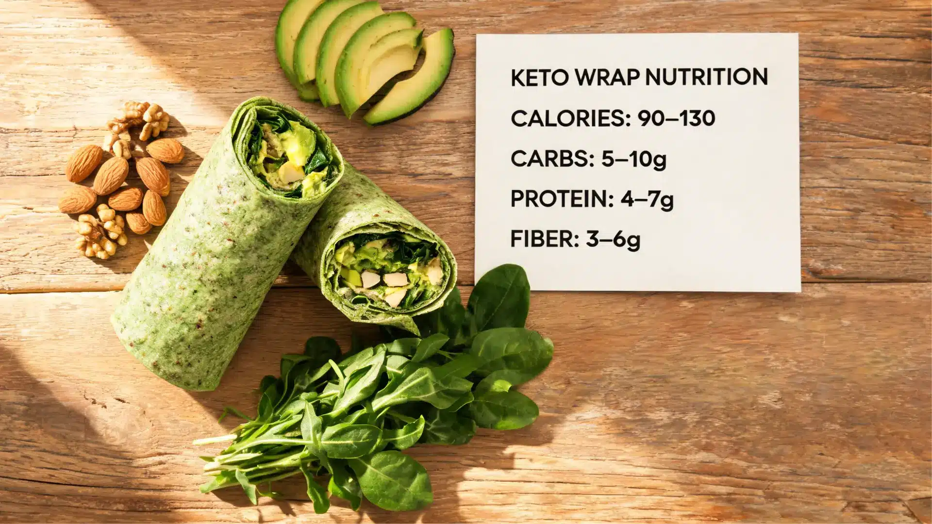 almond flour spinach wraps low carb keto friendly wrap with nutrition facts showing calories carbs fiber and protein