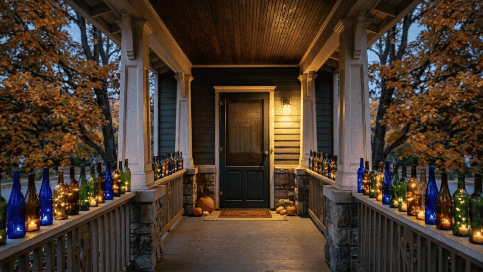 amber cobalt and green glass bottles glowing with flickering leds lining a front porch railing at dusk in fall