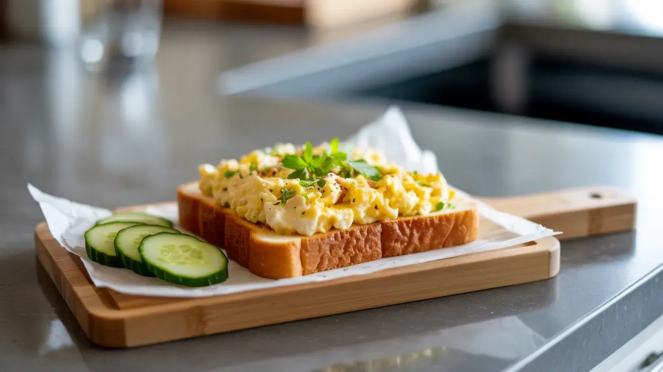 an egg salad toast centered on board in natural light showing simple and clean lunch setup (1)