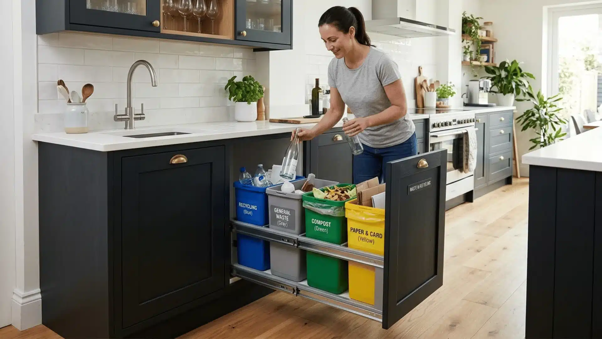 an image showcasing a seamlessly integrated waste management system, designed to fit
