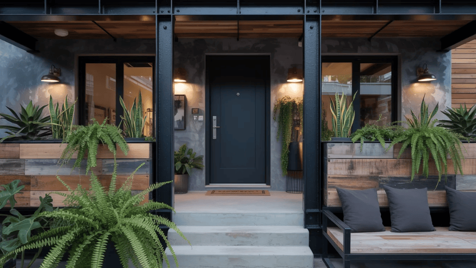 an industrial front porch with metal bench reclaimed wood accents concrete elements and structural ferns by front door