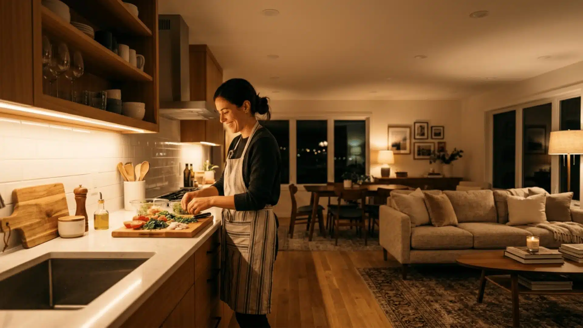 an open concept space, this soft light without flooding the entire room with bright overhead light led strip lights are an affordable
