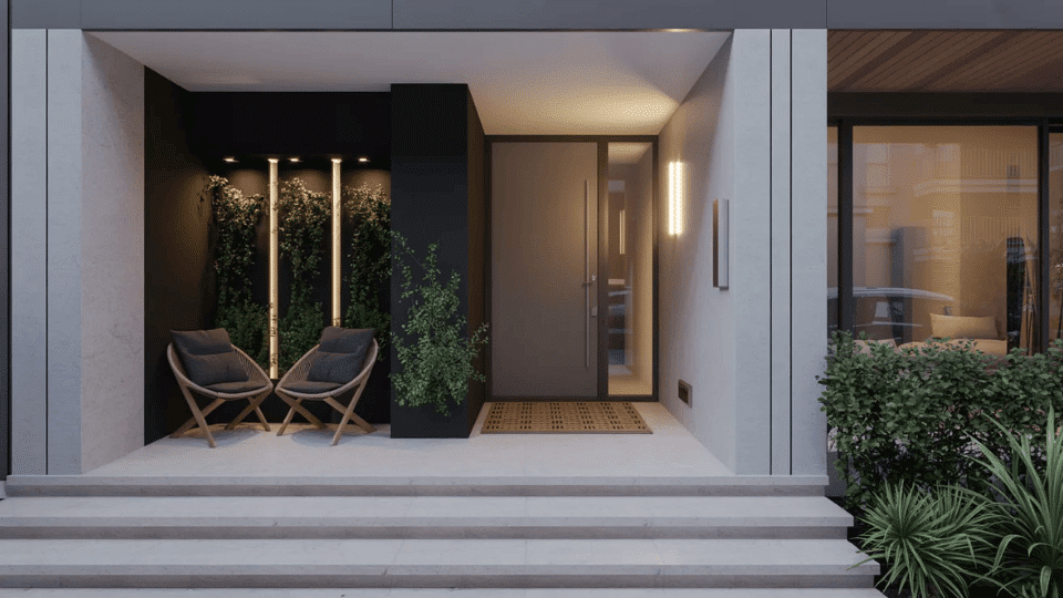 an urban front porch with compact seating vertical wall planters bold doormat and sleek modern lighting by entrance
