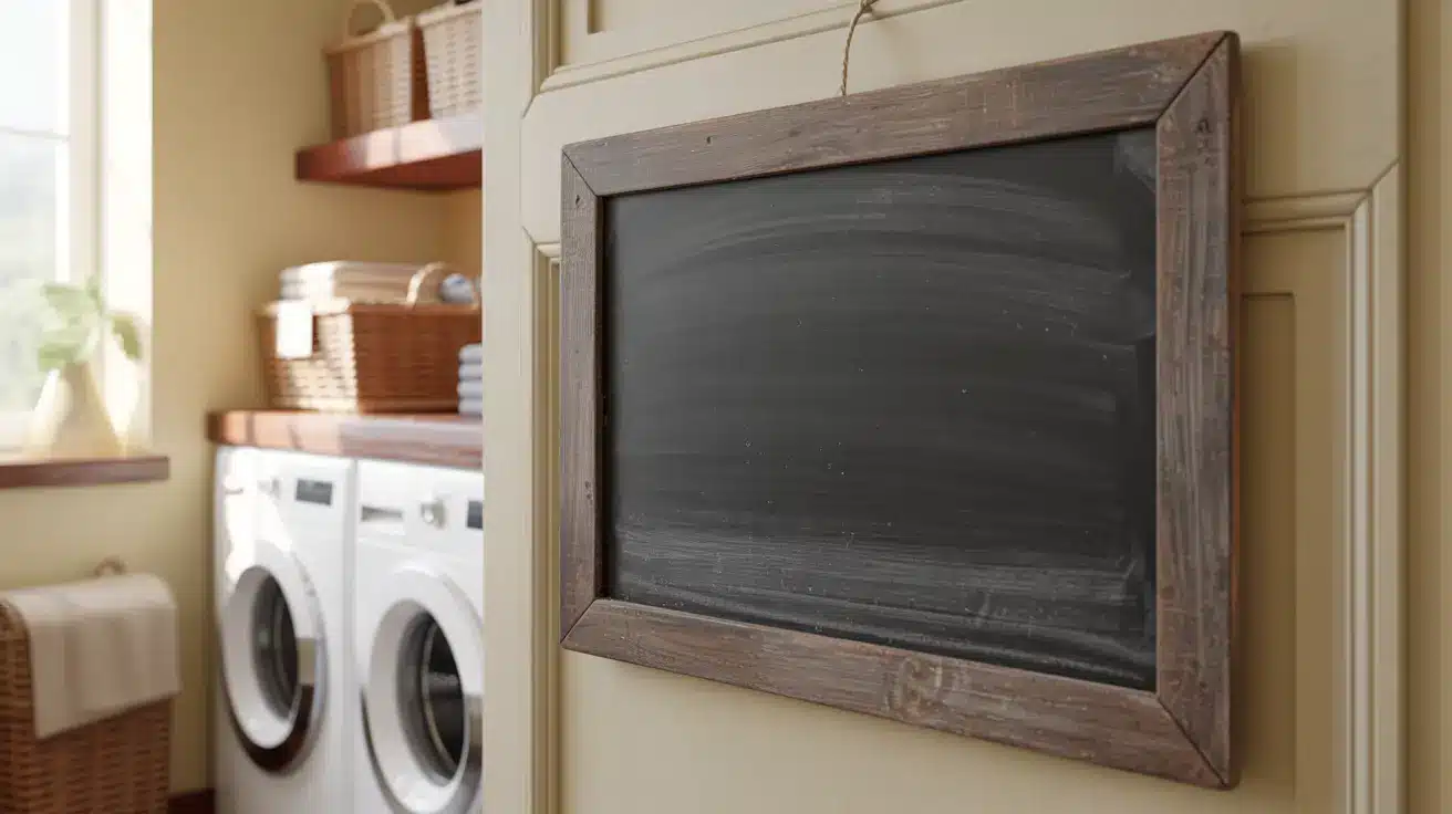 a small chalkboard in the laundry room for writing laundry reminders, mounted near the washer and dryer.