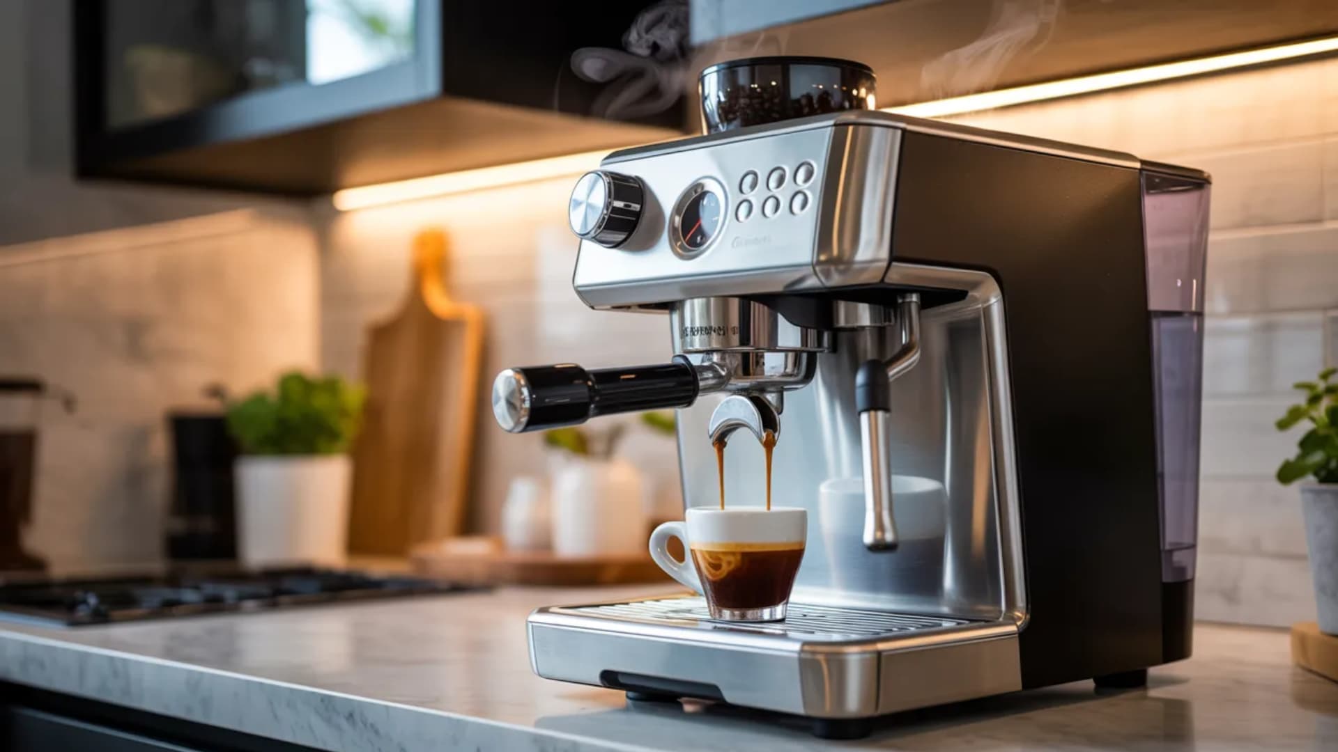 _automatic espresso machine such as the Breville Barista Pro or De'Longhi Eletta Explore on a kitchen counter, displaying the one-touch brewing process