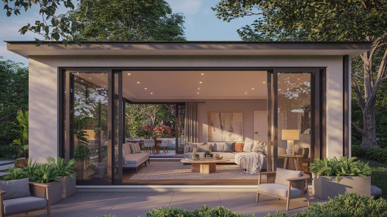 back house room addition with family room large glass doors and backyard connection