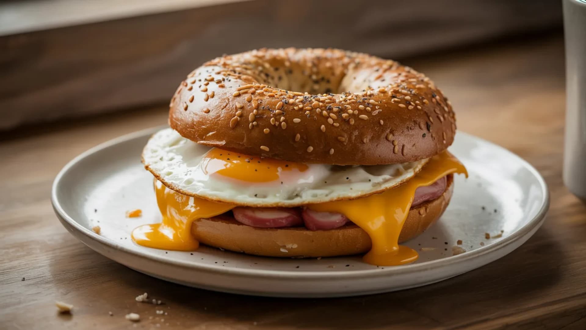 bagel sandwich with fried egg and melted cheese inside, slightly toasted bagel, warm lighting, placed on a plate