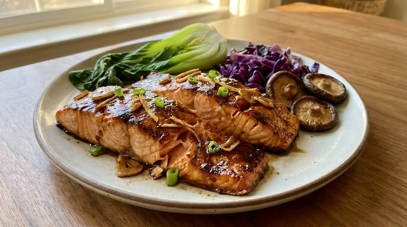 baked salmon with five spice glaze scallions bok choy cabbage and mushrooms on a plate