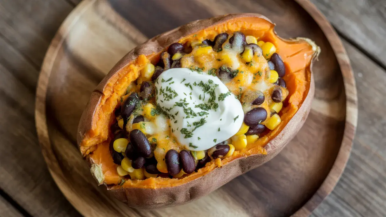 baked sweet potato stuffed with black beans and corn, topped with sour cream, cheese, and fresh herbs, styled on a rustic plate (1)