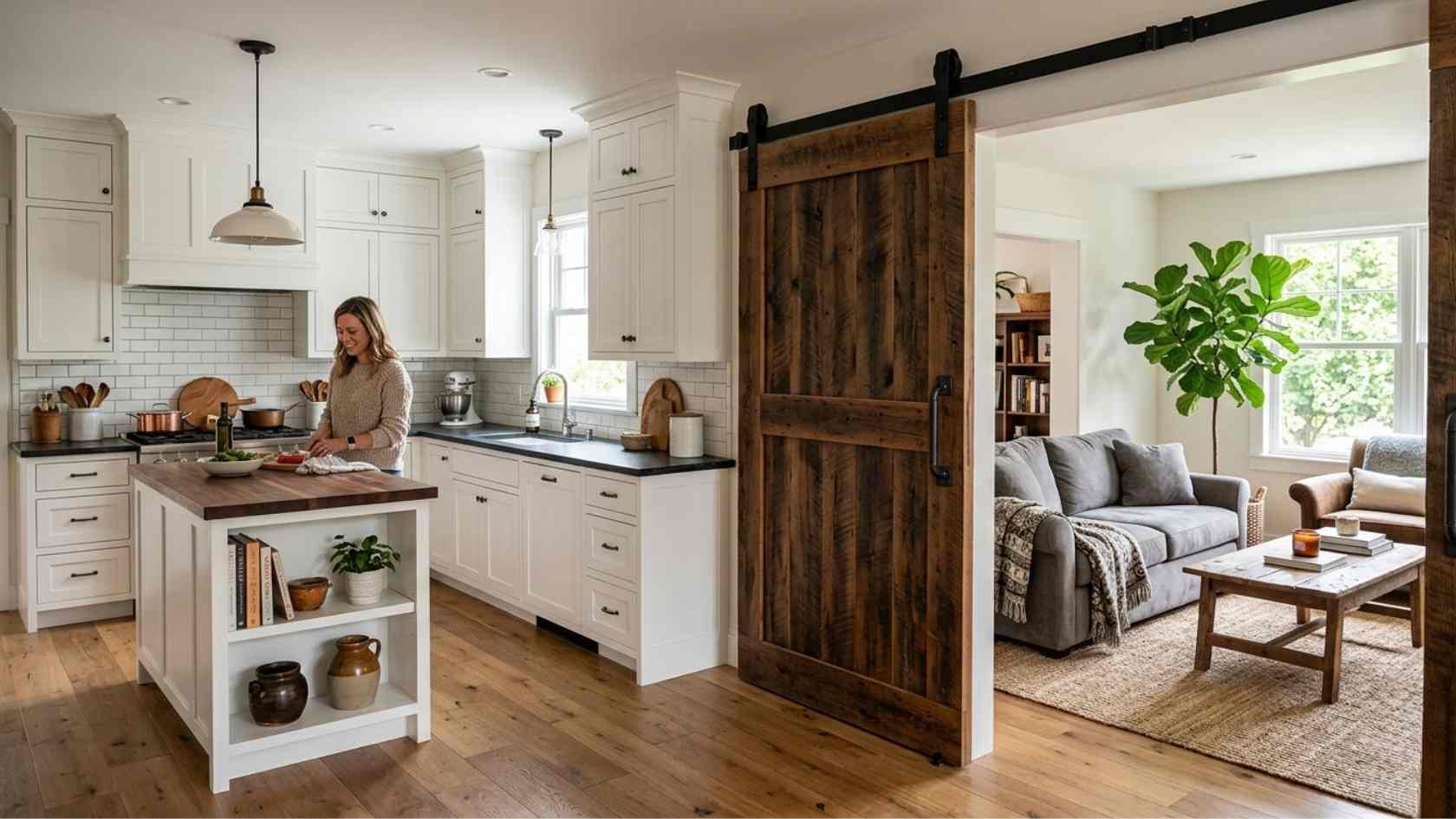 barn door adds a stylish and practical element to the home, seamlessly separating the modern kitchen