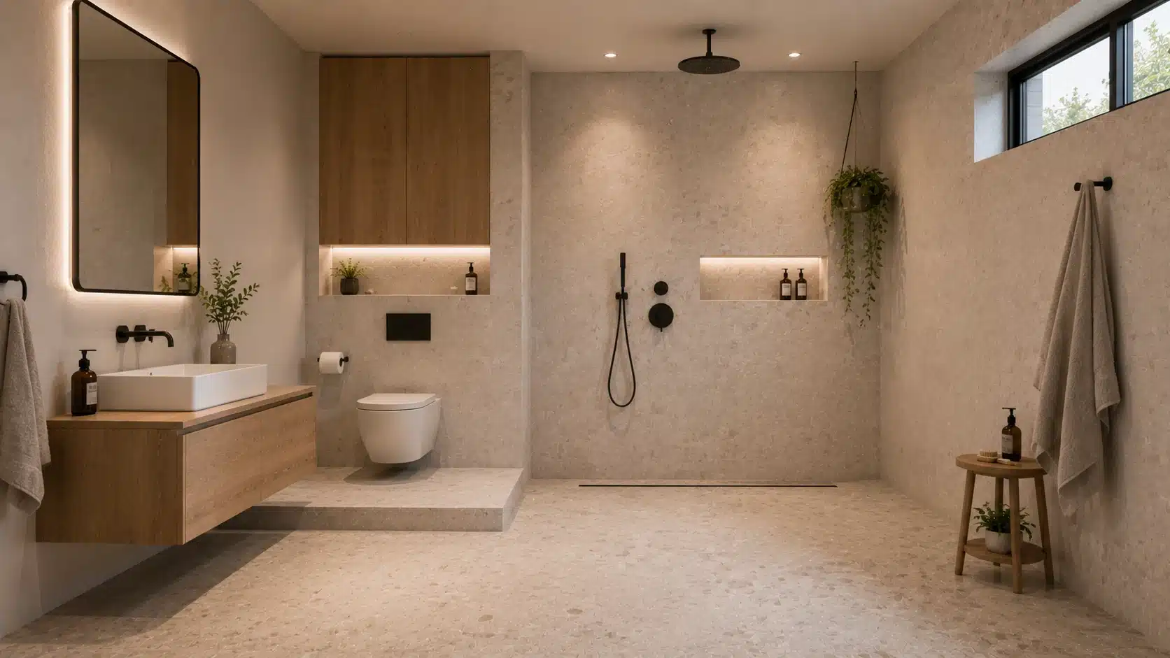 bathroom featuring floating wooden vanity, open walk-in shower, neutral stone walls, soft lighting, and black fixtures