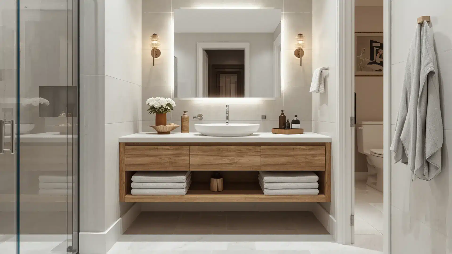 bathroom remodel featuring a floating vanity with storage drawers, visible floor space underneath, modern sink, large mirror, soft neutral tiles, bright lighting, clean and open layout