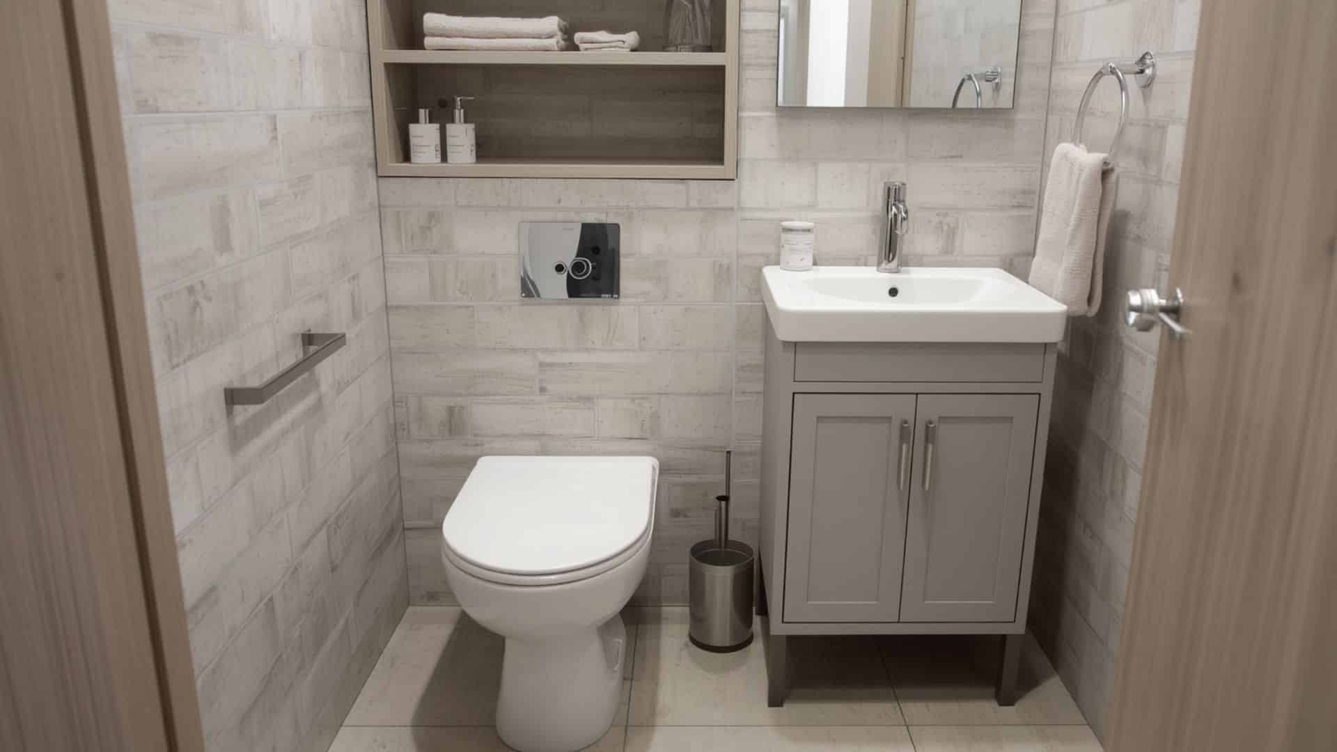 bathroom remodel with a compact toilet, slim vanity, light floor tiles, simple wall storage, clear walking space, modern fixtures, practical and comfortable layout