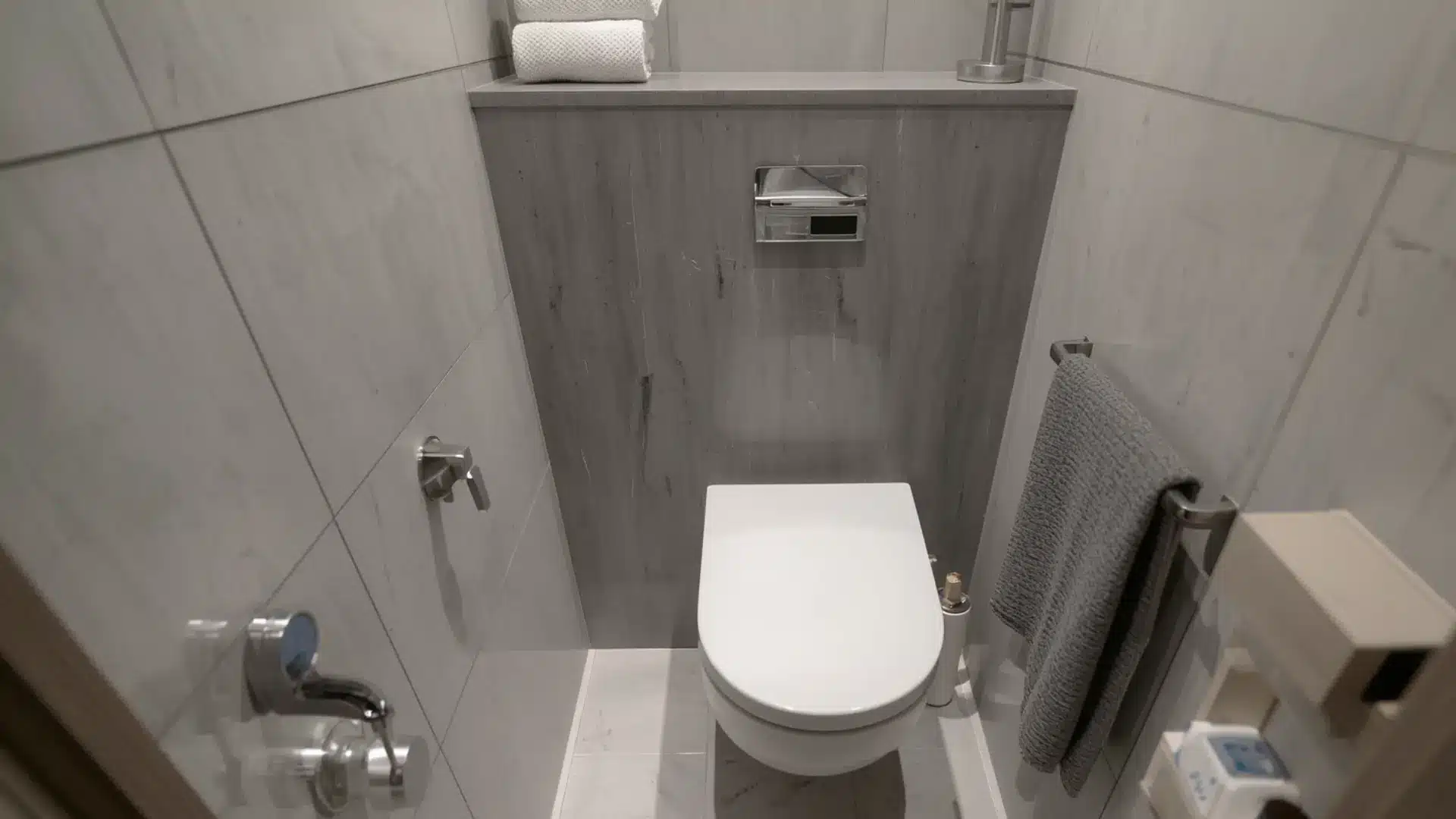 bathroom remodel with a compact toilet, slim vanity, light floor tiles, simple wall storage, clear walking space, modern fixtures, practical and comfortable layout