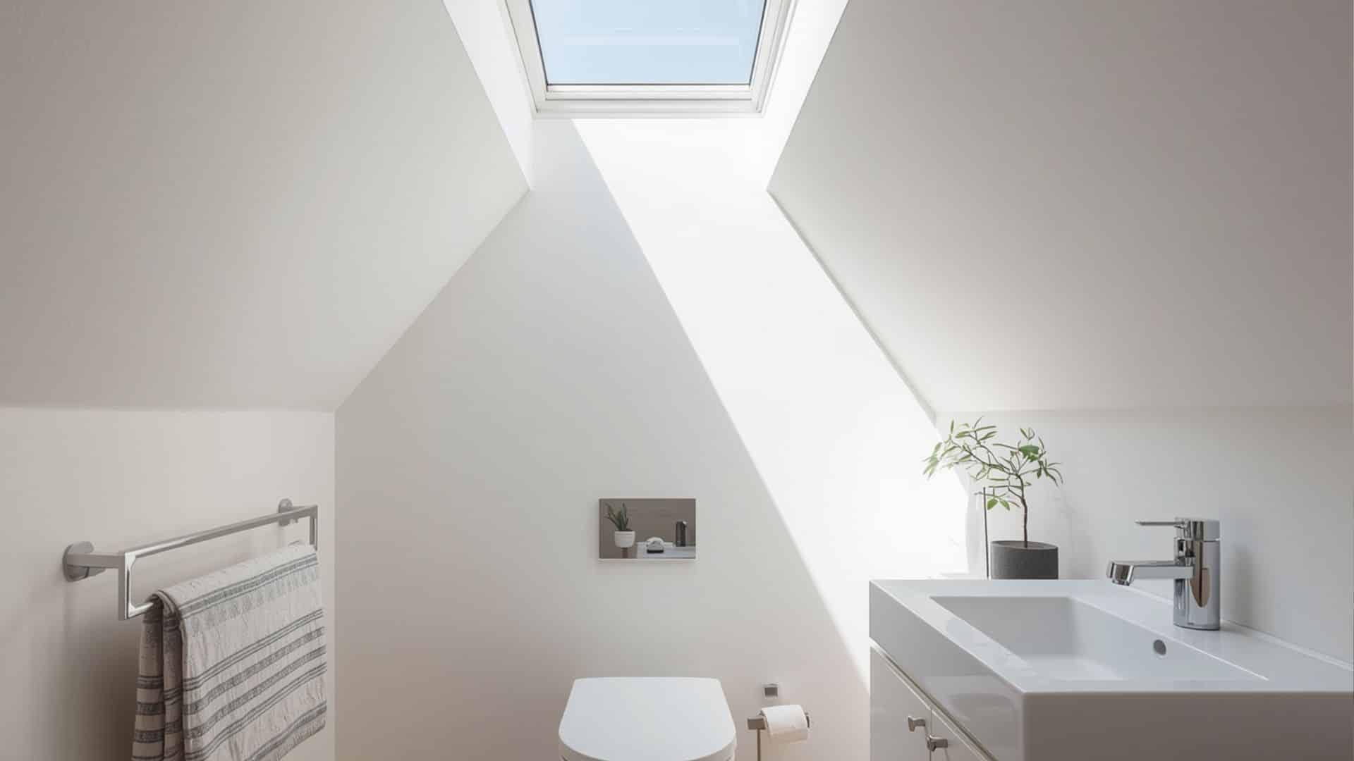 bathroom remodel with a skylight or solar tube bringing in natural light from above, bright airy interior, higher-looking ceiling, clean modern fixtures, light neutral palette, open and spacious f
