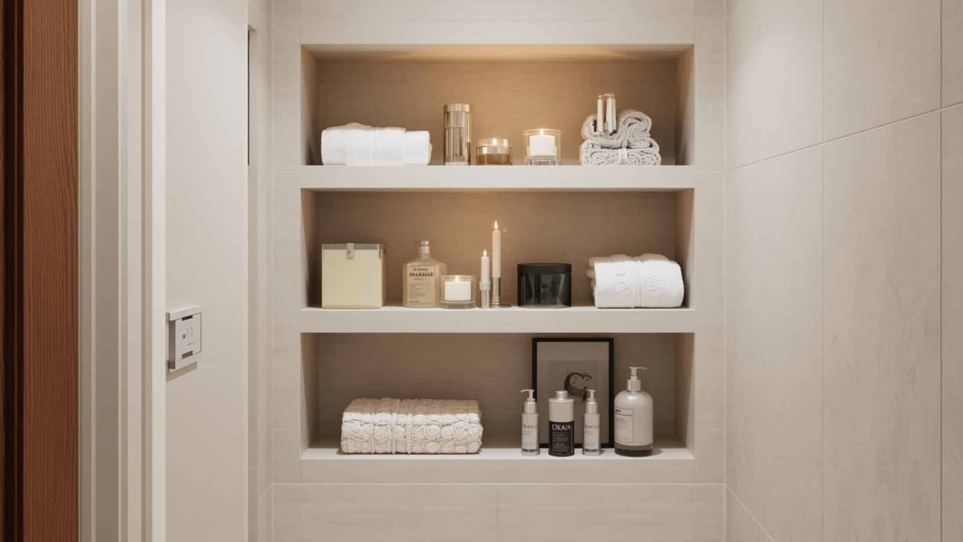 bathroom remodel with built-in recessed shelves in the wall, neatly folded towels, candles, and toiletries, light neutral tiles, clean modern layout, space-saving storage design