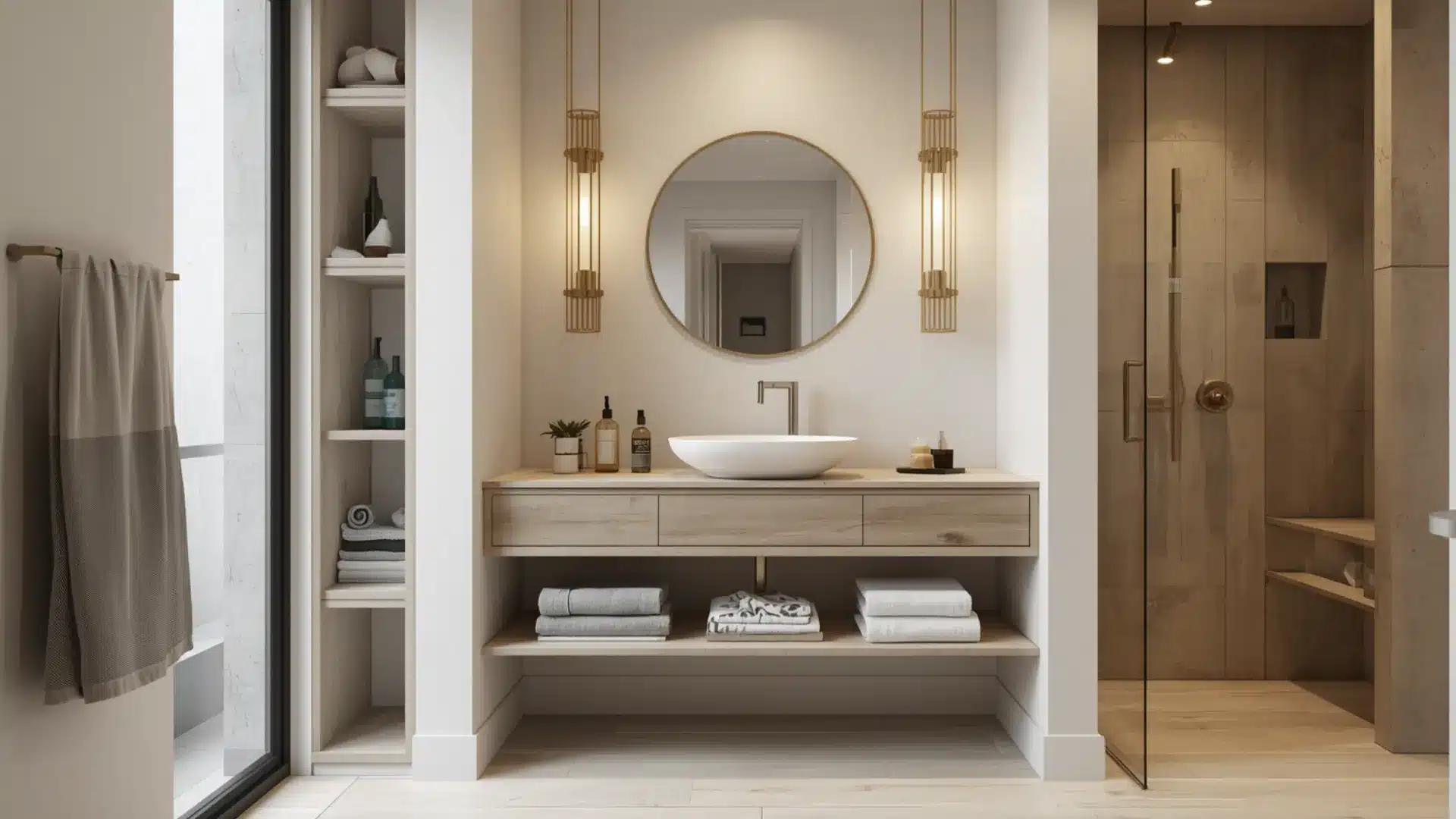 bathroom remodel with floating vanity, raised storage, visible floor space, slim modern fixtures, light colors, clean layout, open and airy design