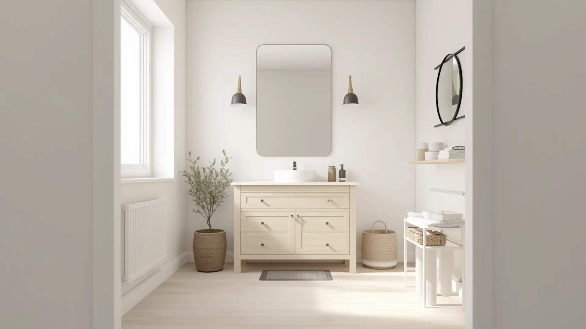 bathroom remodel with soft white walls, light beige floor tiles, pale wood vanity, bright natural light, clean and open layout, minimal decor, airy and spacious