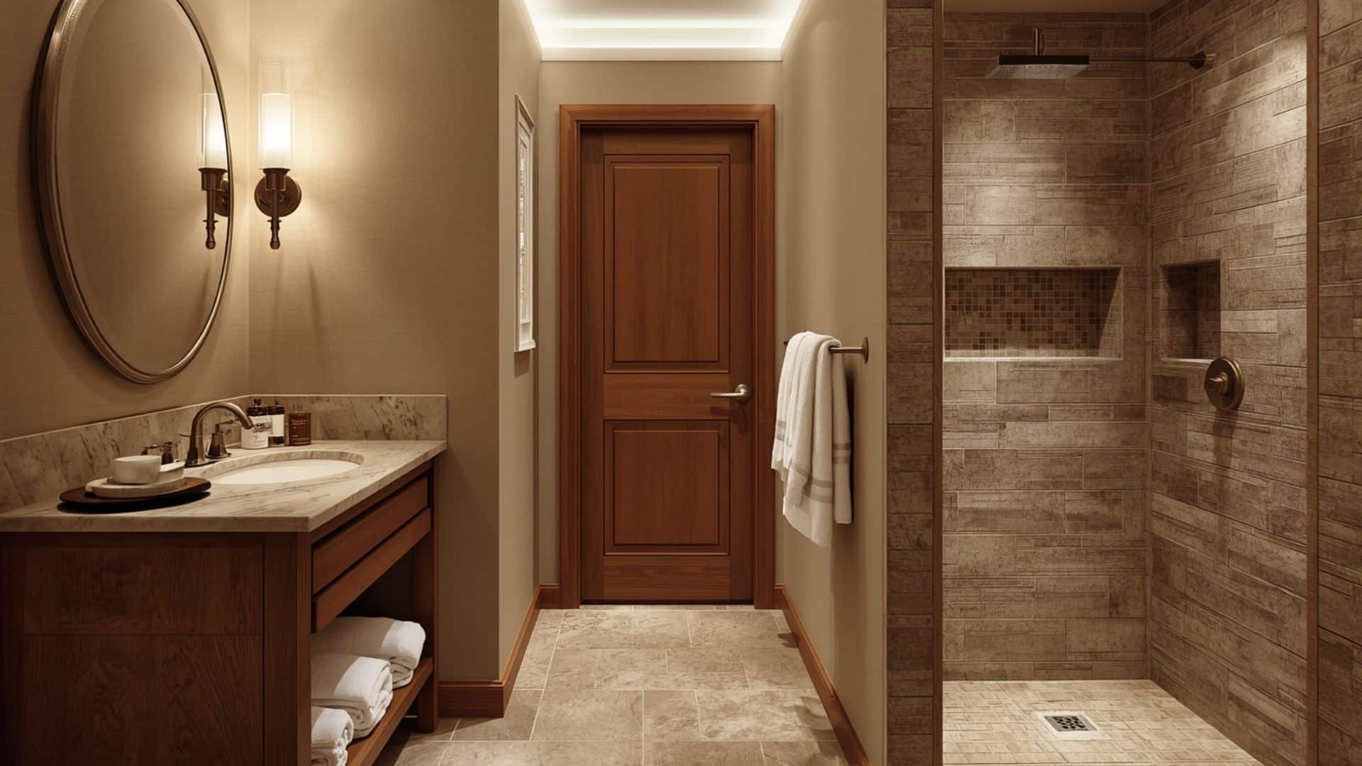 bathroom remodel with spa-inspired design, warm neutral colors, soft lighting, wood vanity, stone-look tile, rainfall showerhead, fluffy towels, calm uncluttered atmosphere