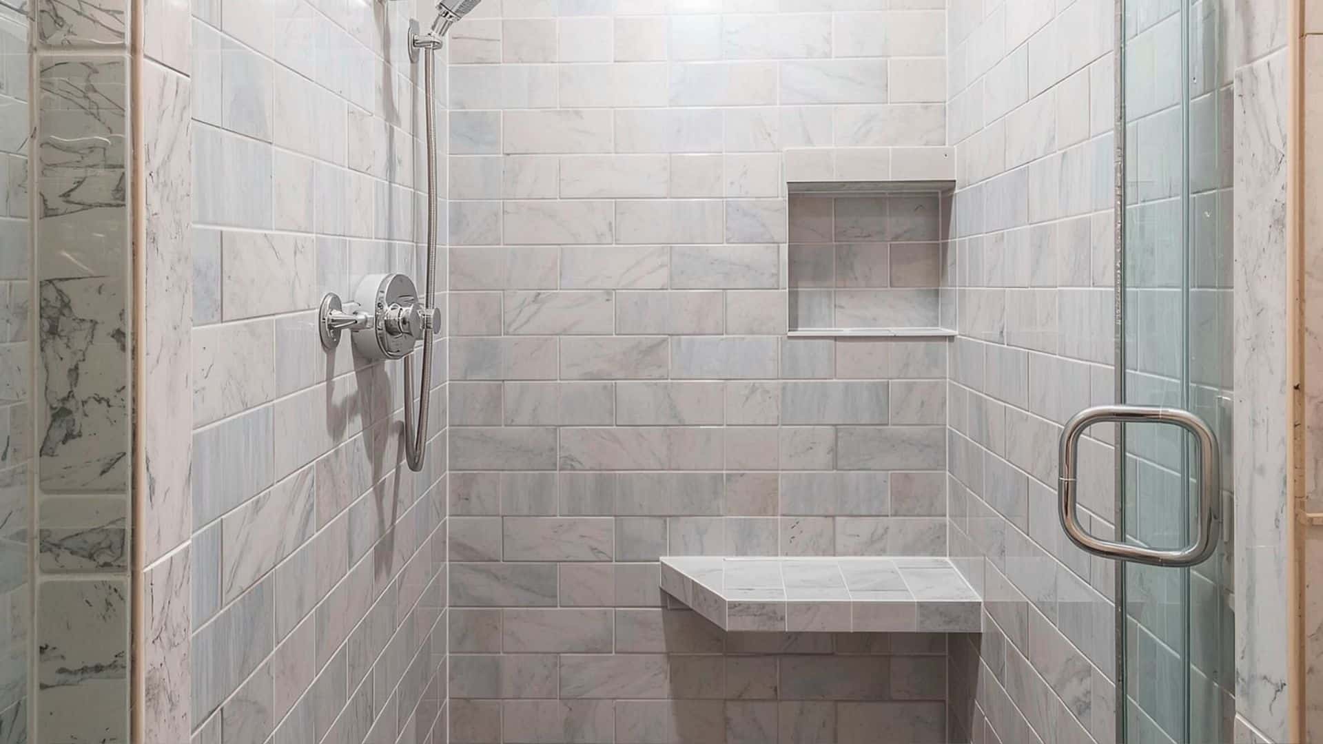bathroom shower with a compact built-in corner shower bench, light tile walls, built-in niche, clear glass enclosure, practical and comfortable space-saving design
