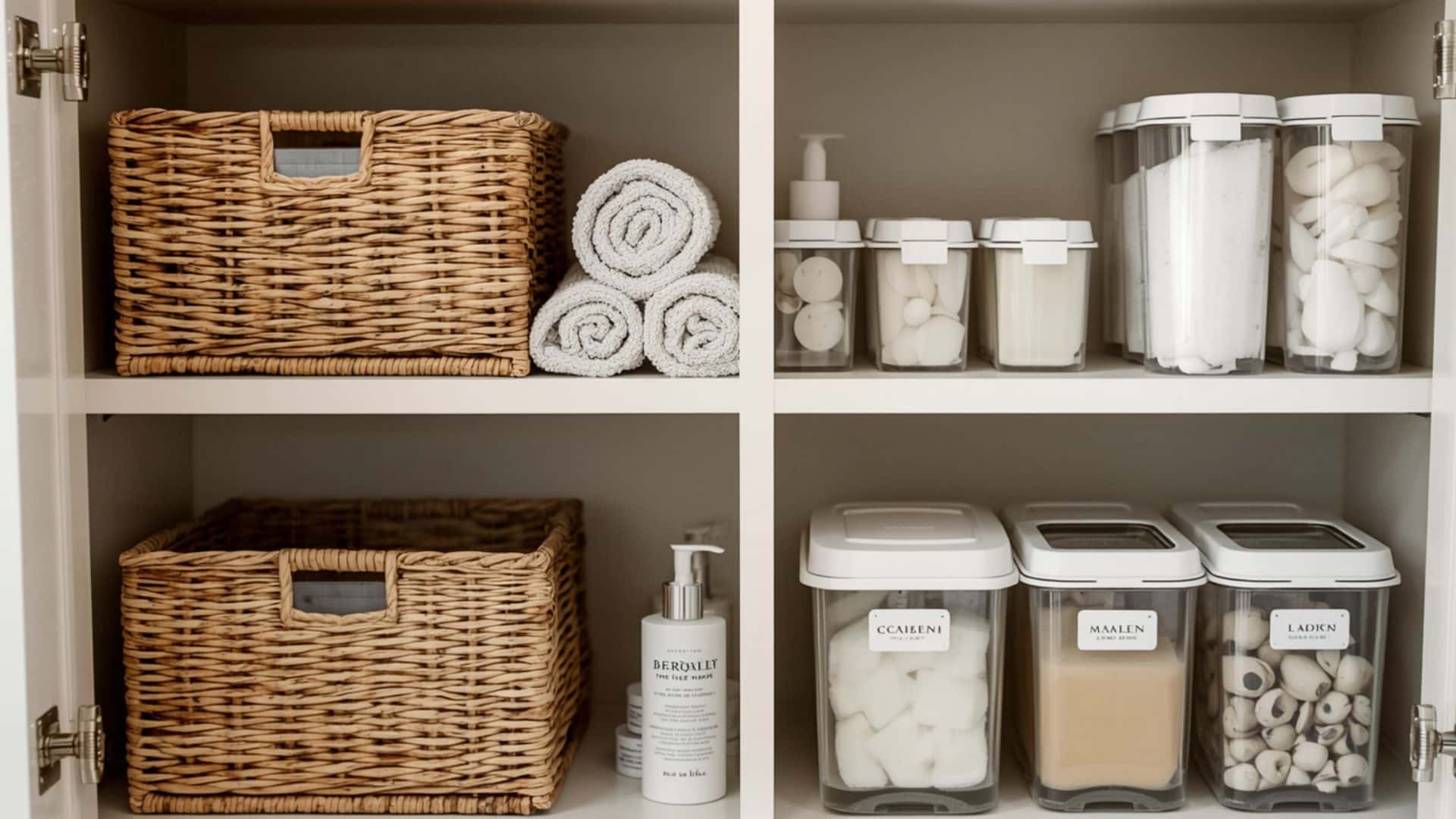 bathroom storage area with woven baskets and clear containers organizing towels, toiletries, cotton pads, and skincare products, clean vanity area, soft neutral decor