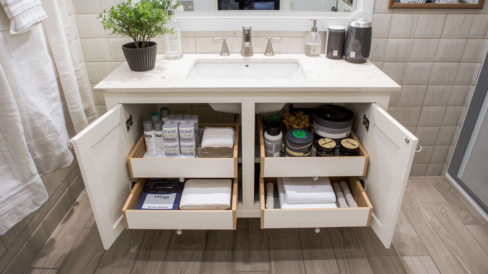 bathroom vanity with organized pull-out drawers instead of cabinet doors, toiletries neatly arranged, compact sink, large mirror, light neutral tiles, smart storage-focused remodel