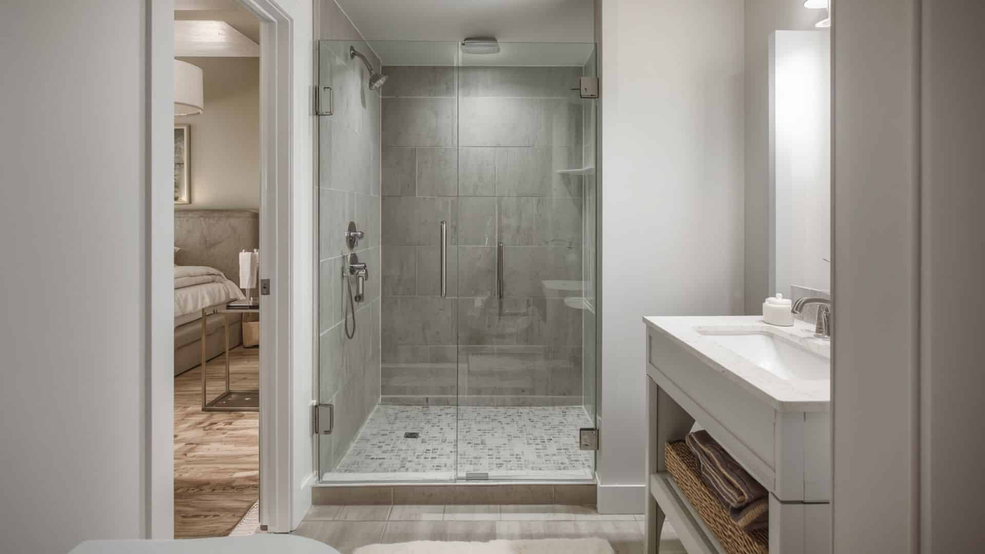 bathroom with a frameless glass shower enclosure, continuous floor tile, sleek chrome fixtures, light walls, modern open layout, clean and spacious remodel