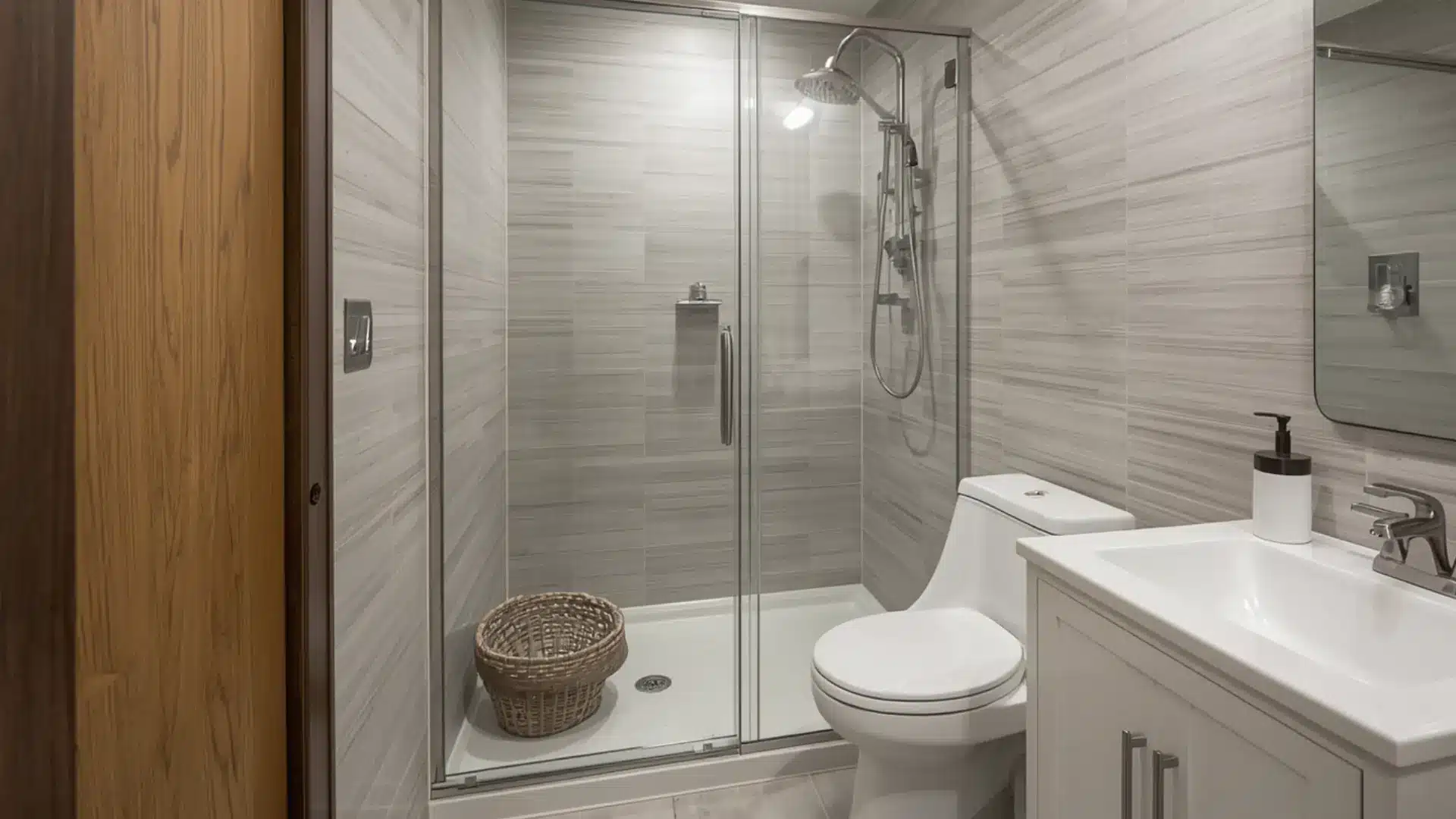 bathroom with a glass corner shower, compact vanity, open central floor space, light neutral tiles, smart layout, modern space-saving design