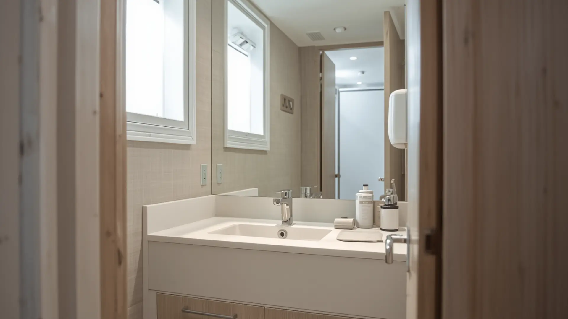bathroom with a large wall-to-wall mirror above the vanity, reflected natural light, compact sink area, simple modern fixtures, bright neutral colors