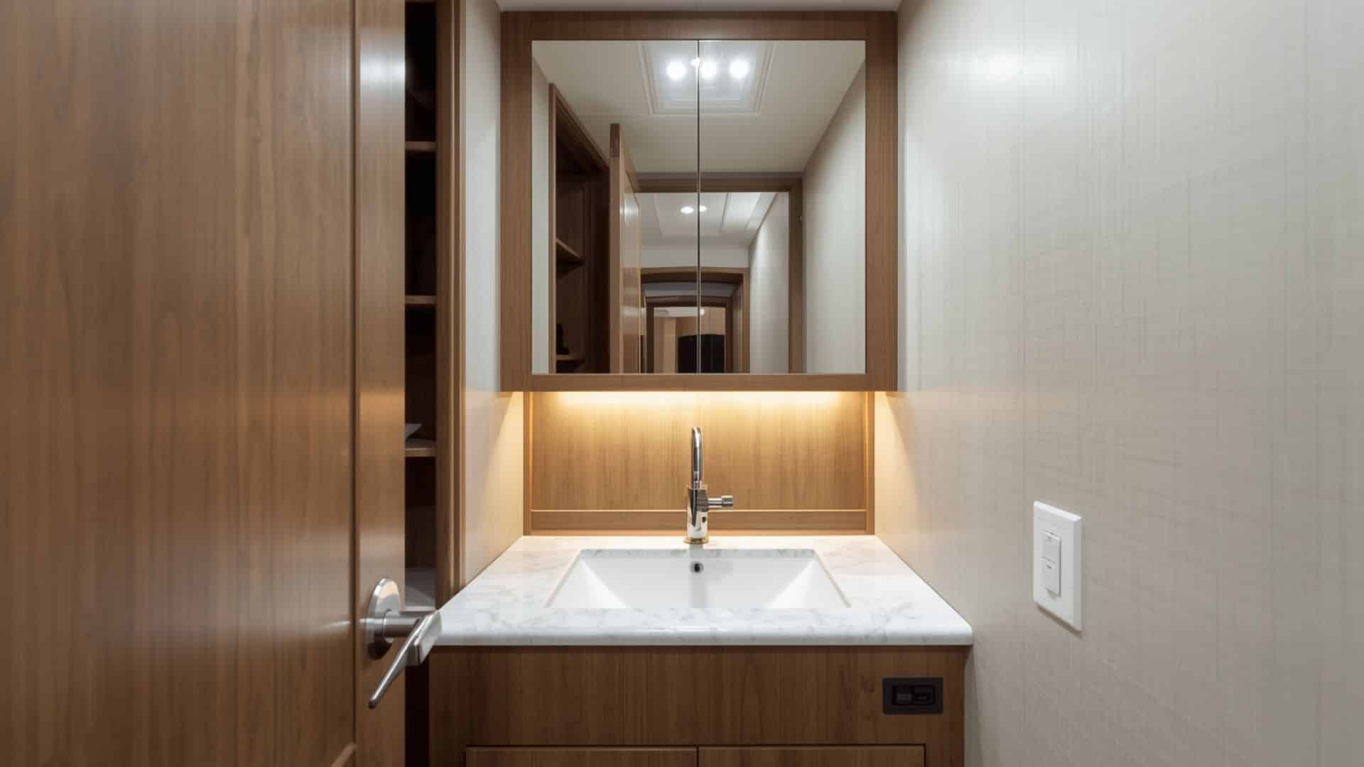 bathroom with a recessed mirrored medicine cabinet above the sink, hidden storage, clean vanity countertop, soft lighting, neutral walls