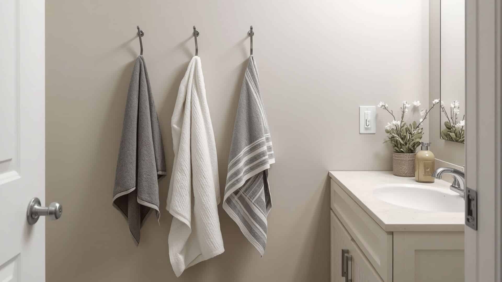 bathroom with simple wall hooks holding towels instead of long towel bars, compact vanity, clean wall space, light neutral colors, organized practical layout