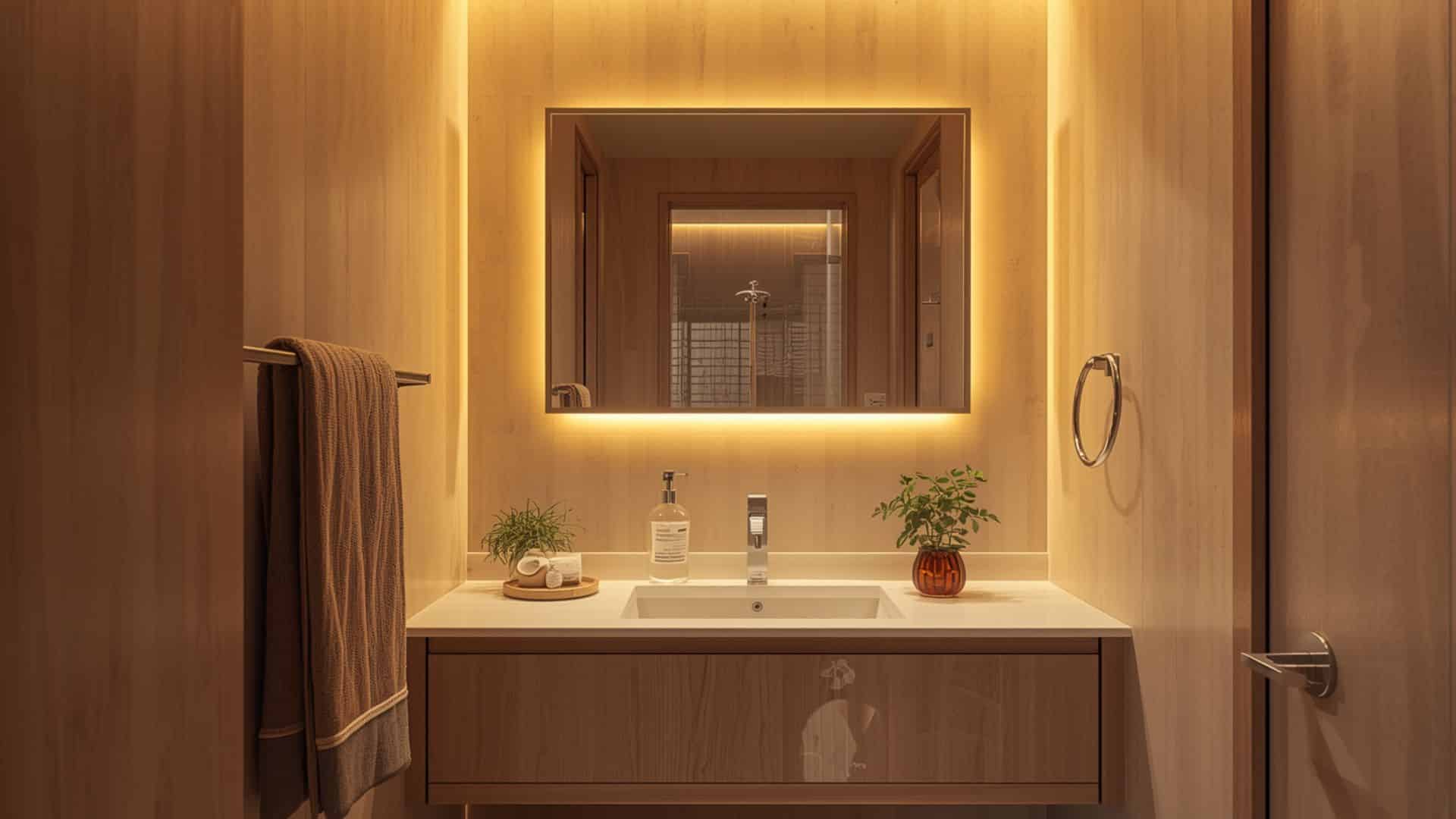 bathroom with warm LED lighting, soft 2700K to 3000K glow, cozy spa-like atmosphere, modern vanity, sleek mirror, light-colored tiles, dimmable lighting effect (2)