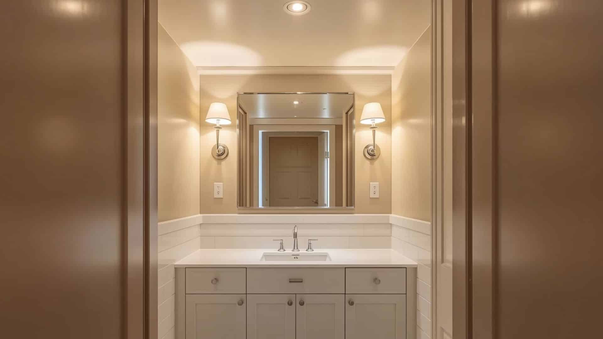 bathroom with warm LED lighting, soft 2700K to 3000K glow, cozy spa-like atmosphere, modern vanity, sleek mirror, light-colored tiles, dimmable lighting effect