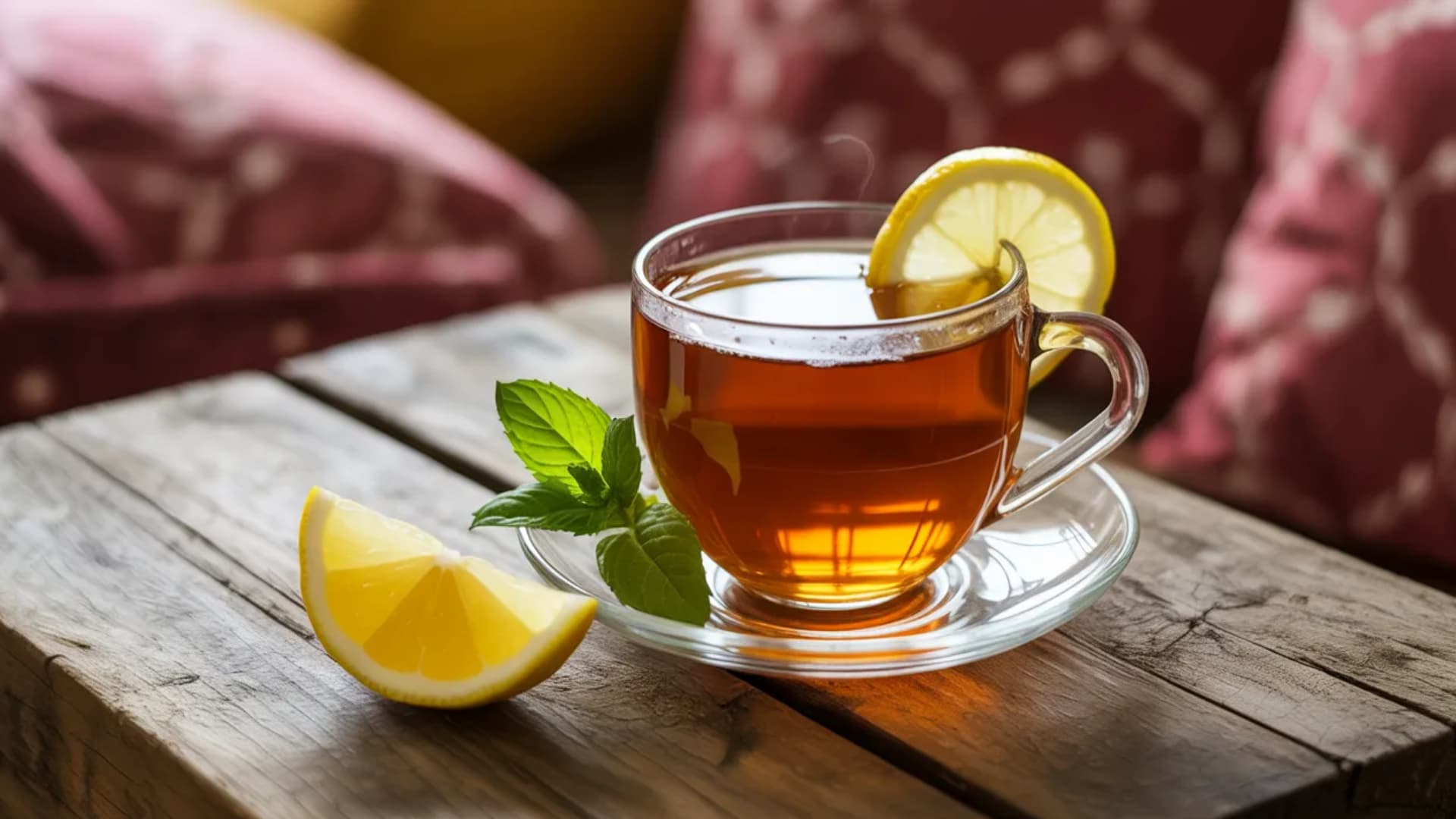 beautifully presented cup of saffron tea on a rustic wooden table, garnished with a slice of lemon and a sprig of mint