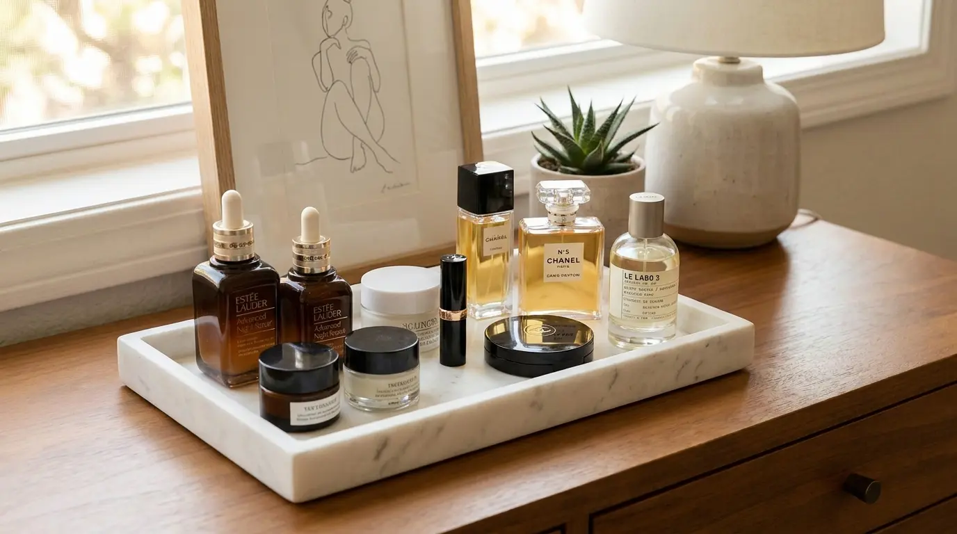 beauty and skincare tray organizing daily products neatly on a bedroom dresser