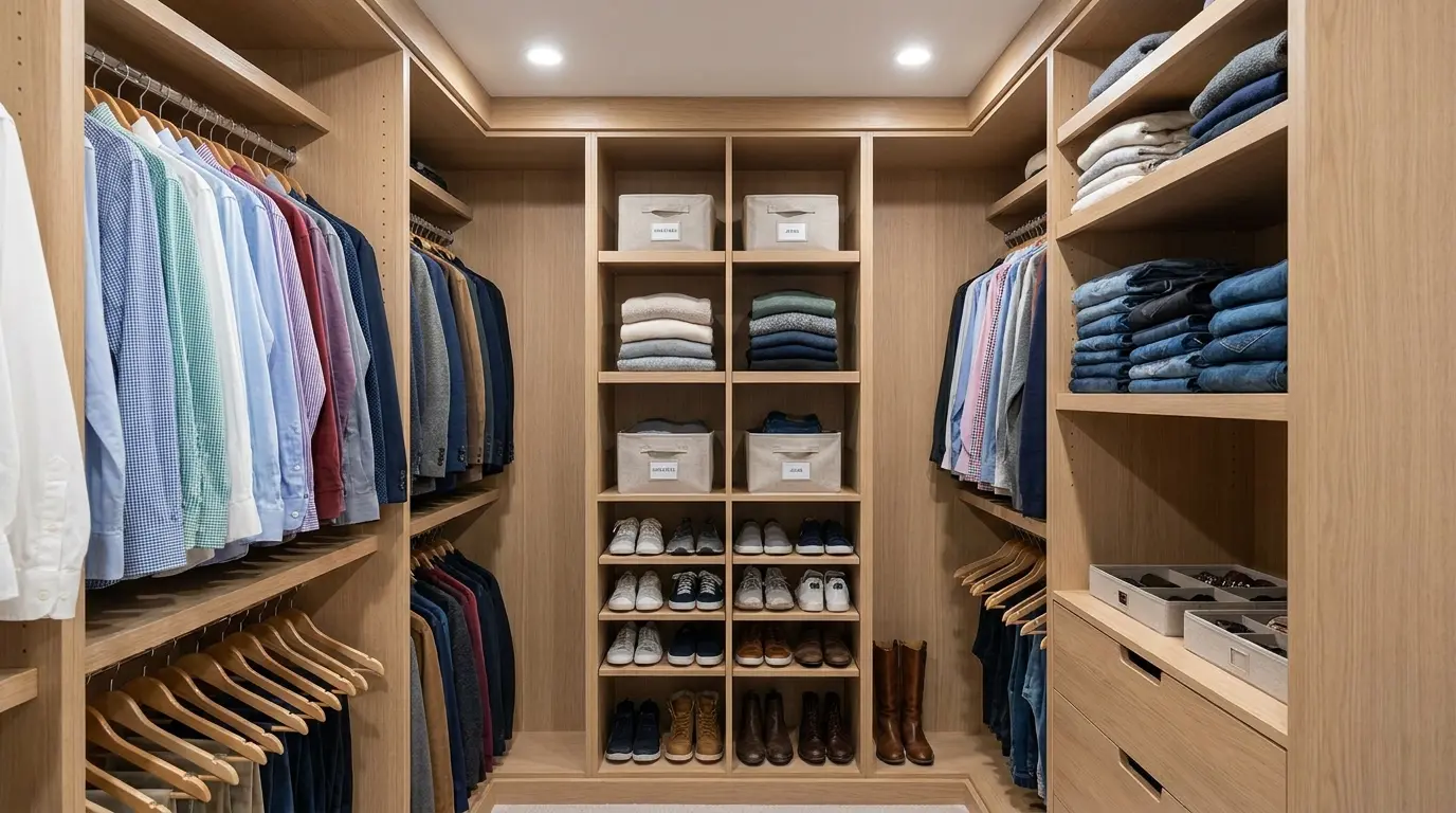 bedroom closet arranged by clothing categories with clear sections for easy access