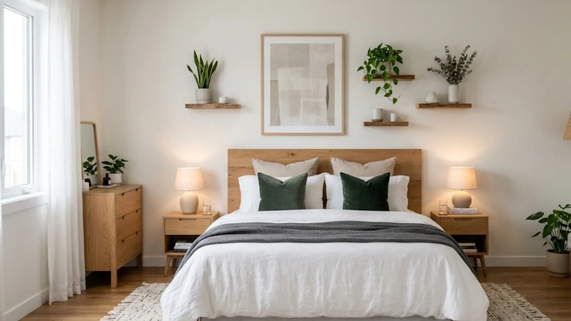 bedroom with a large bed as focal point against main wall, simple decor arranged around it, balanced layout, soft lighting, clean and organized look