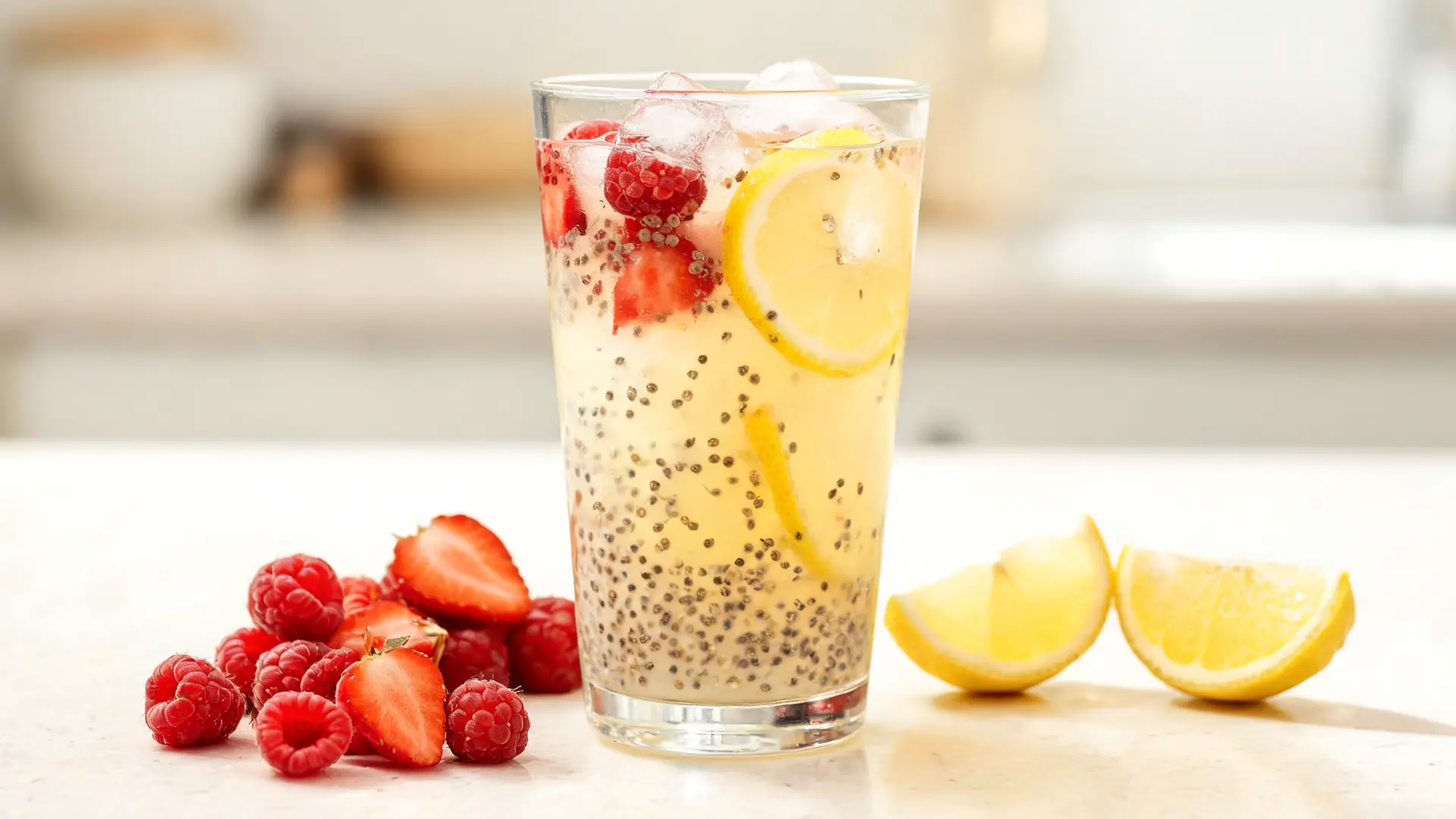 berry chia lemonade with chia seeds, raspberries, strawberries, lemon slices, and ice