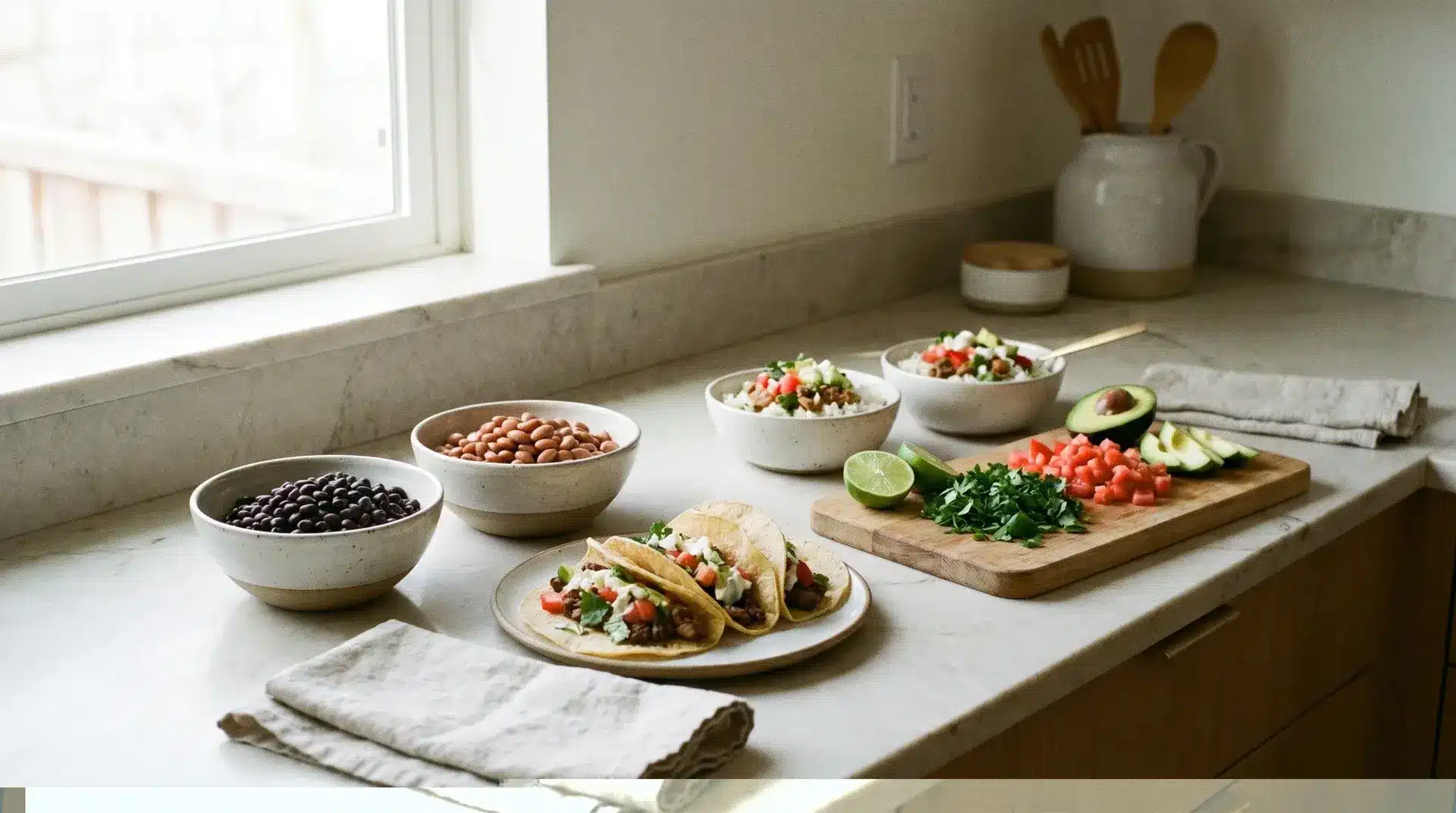 black beans and pinto beans beside tacos and fresh vegetables, showcasing easy meal additions with a fresh, minimalist setup (1)