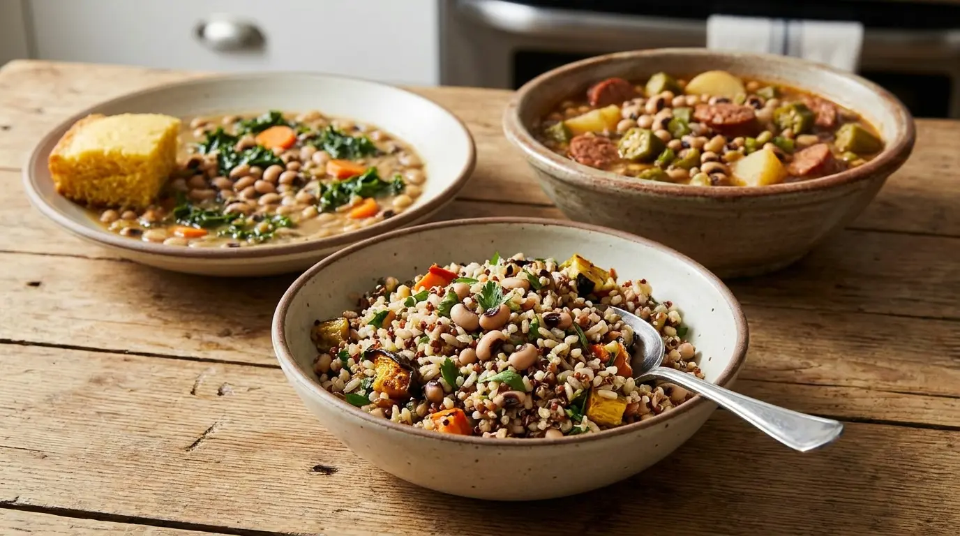 black eyed peas paired with With grains, in mixed bowls, in soups and stews