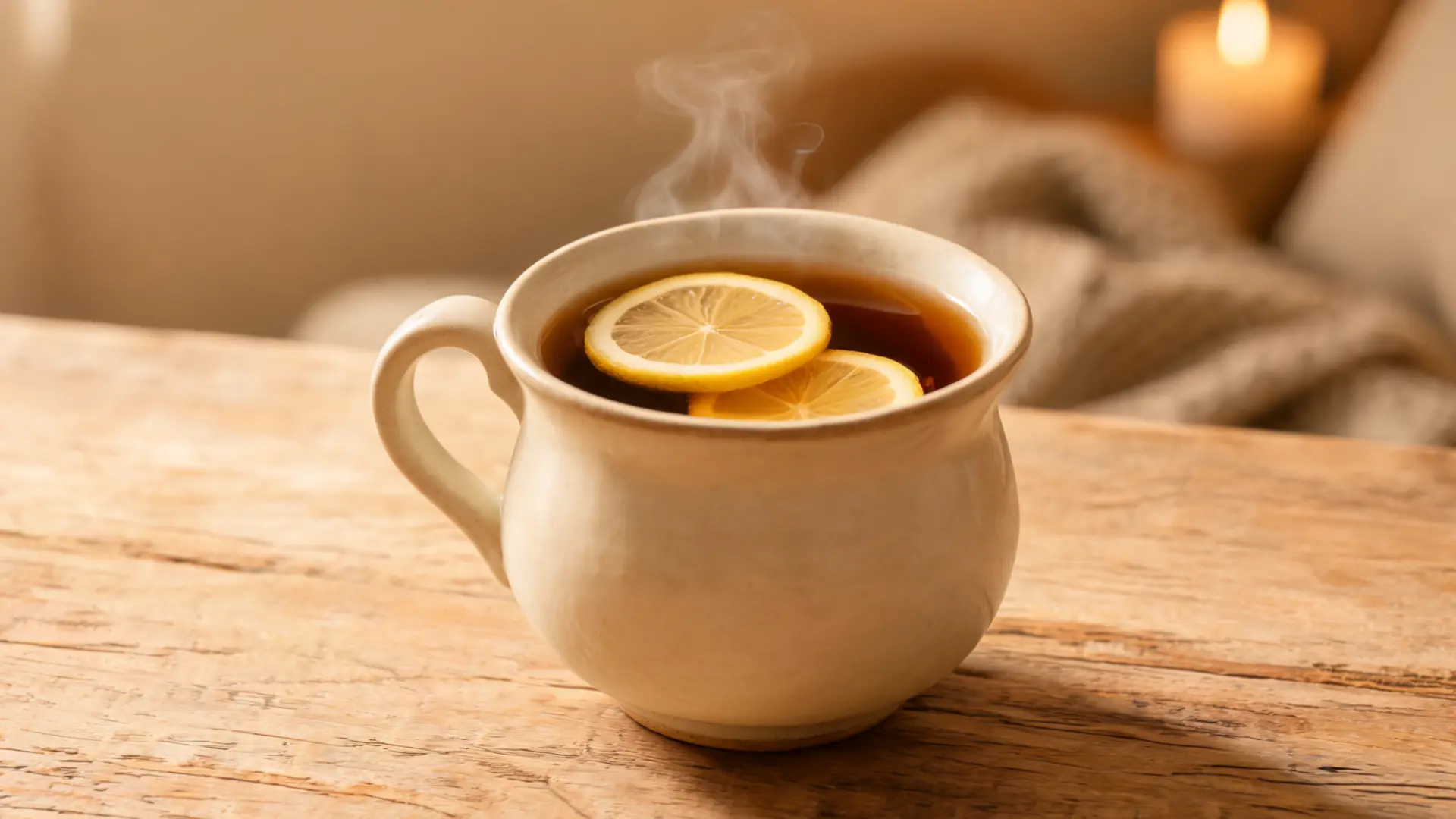 black lemon tea in ceramic cup with lemon slices and steam on wooden table