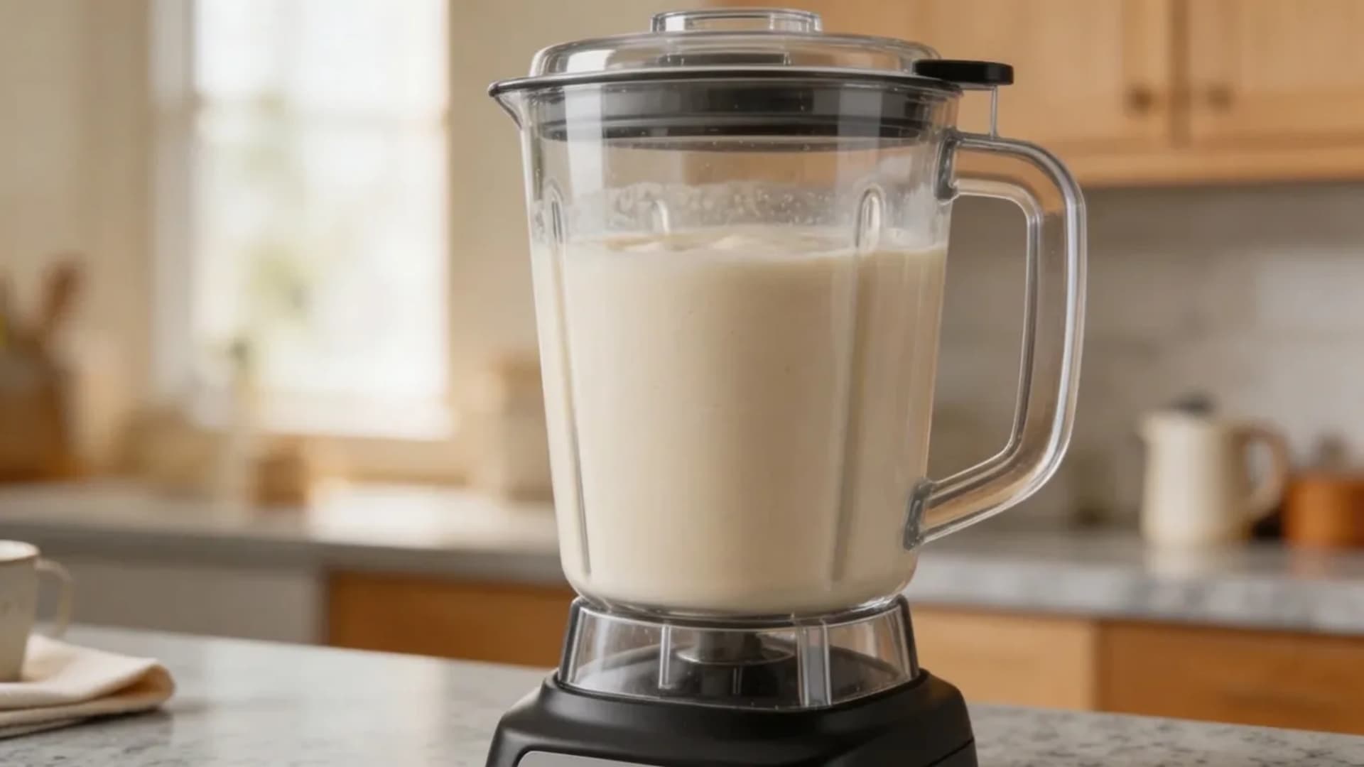blender with a creamy vanilla milkshake mixture, sitting on a countertop in a modern kitchen with soft lighting
