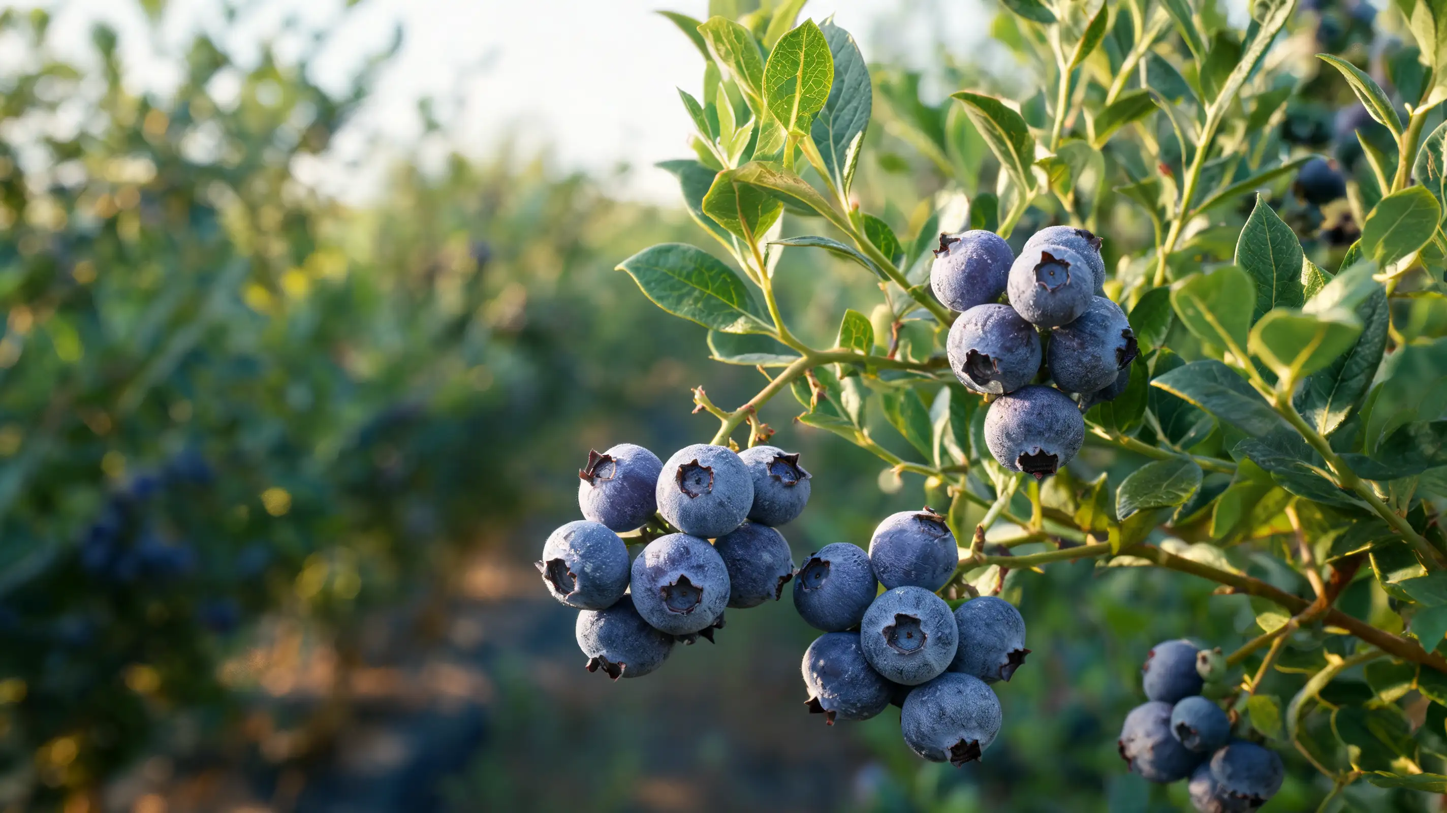 blue purple blueberries growing on a shrub